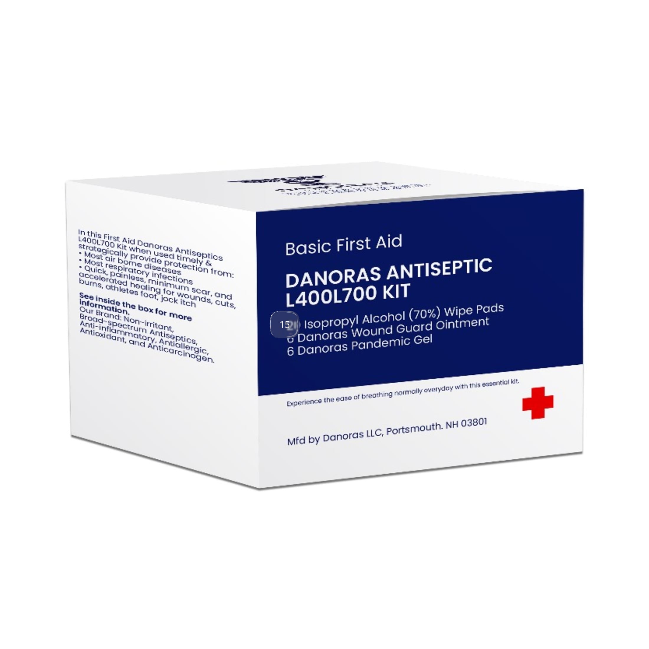 Basic First Aid Danoras Antiseptic L400L700 Kit: 15 Alcohol Pads, 6 Danoras Wound Guard Ointment, 6 Danoras Pandemic Gel,