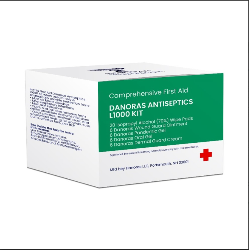 Comprehensive First Aid Danoras Antiseptic L1000 Kit: 20 Alcohol Pads, 6 Danoras Wound Guard Ointment, 6 Danoras Pandemic Gel, 6 Danoras Oral Gel, 6 Danoras Dermal Guard Cream.